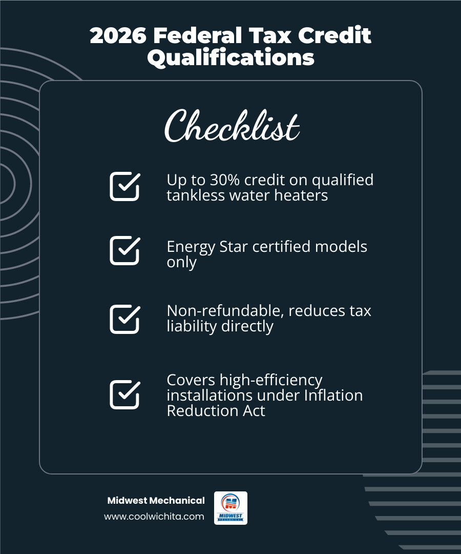 2026 federal tax credit qualifications - how much does a tankless water heater save per year infographic checklist-dark-blue
