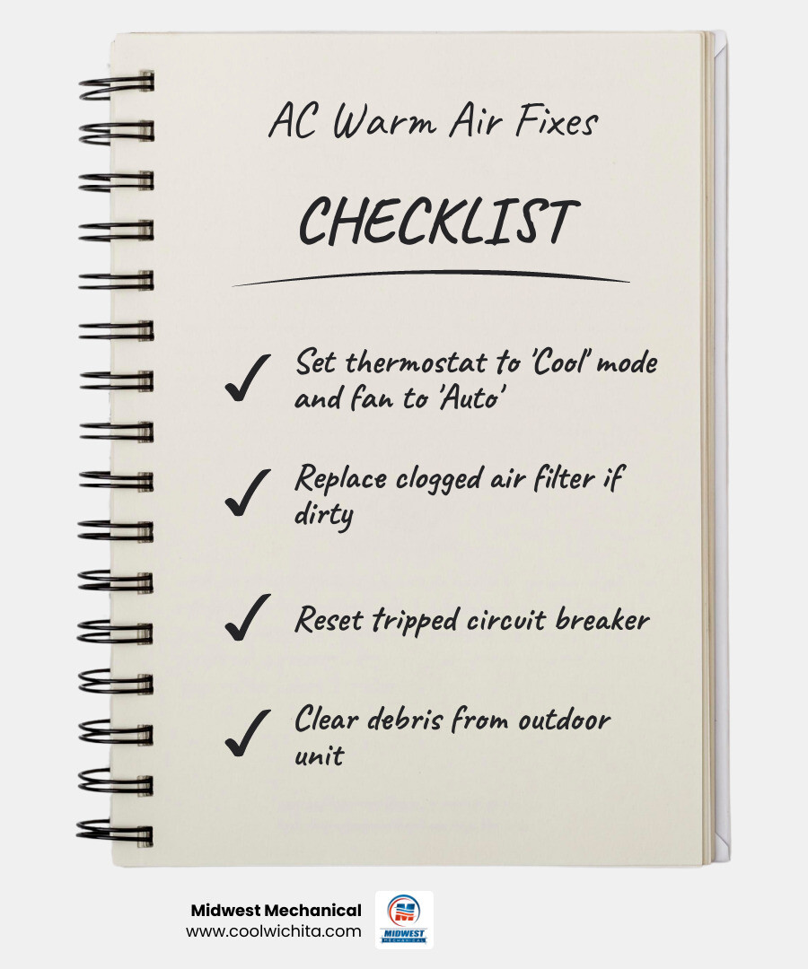 Infographic showing 6 reasons an AC blows warm air and quick DIY fixes for each - why is my ac blowing warm air Infographic showing 6 reasons an AC blows warm air and quick DIY fixes for each - why is my ac blowing warm air