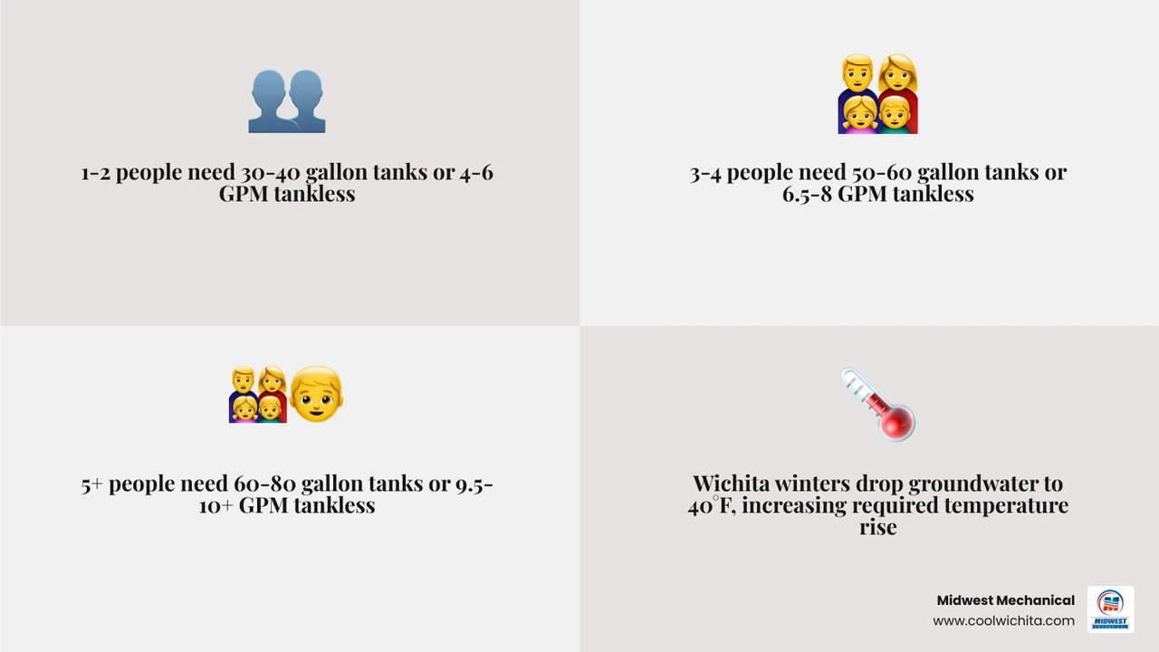 infographic showing water heater sizing by household size, FHR, GPM, and climate factors - what size water heater does your