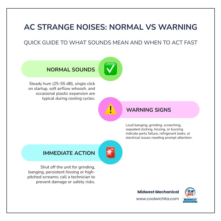 Quick reference infographic of AC strange noises and their likely causes and urgency levels infographic Quick reference infographic of AC strange noises and their likely causes and urgency levels infographic