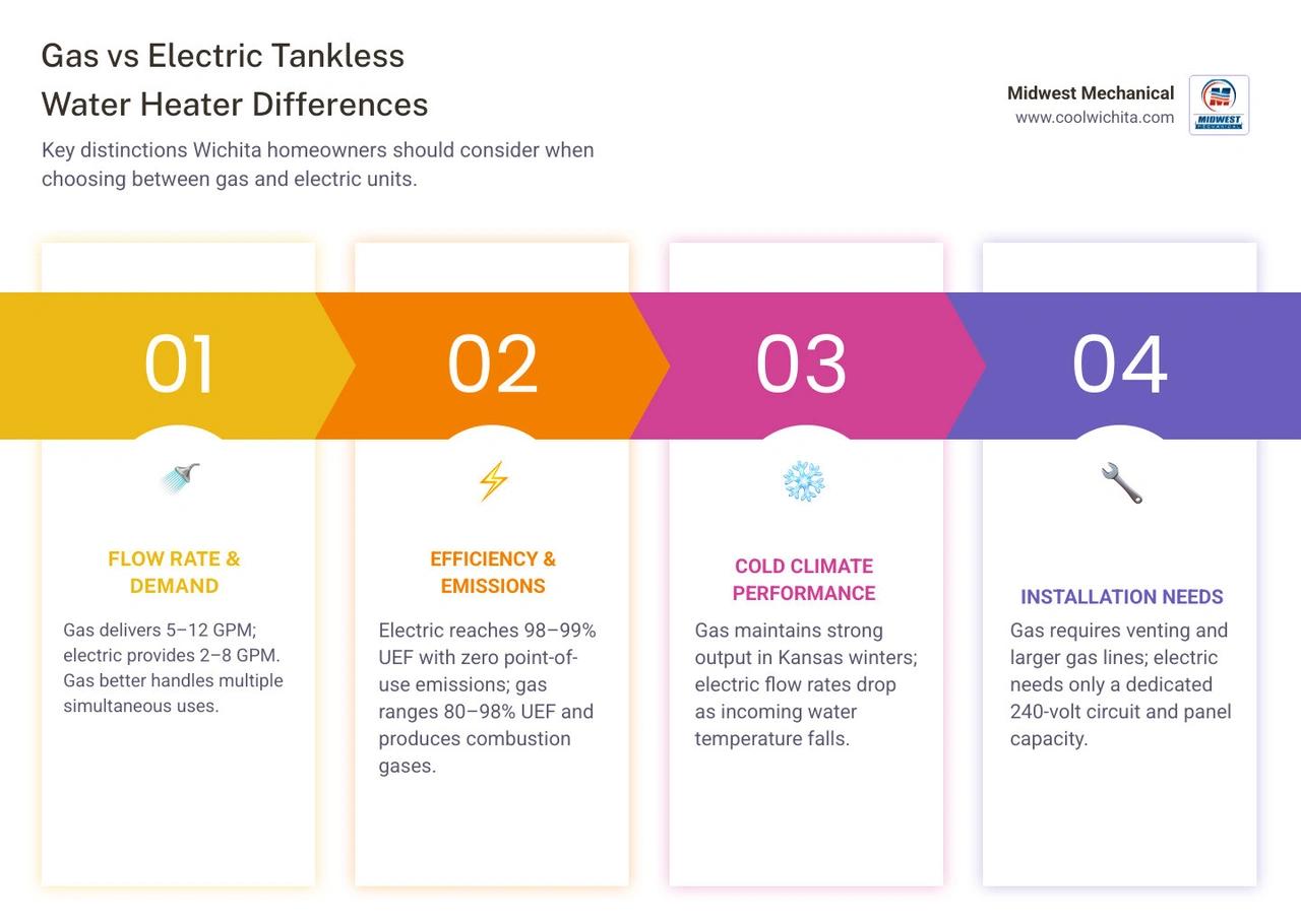 Infographic comparing gas vs electric tankless water heater differences including flow rate, efficiency, installation, and Infographic comparing gas vs electric tankless water heater differences including flow rate, efficiency, installation, and