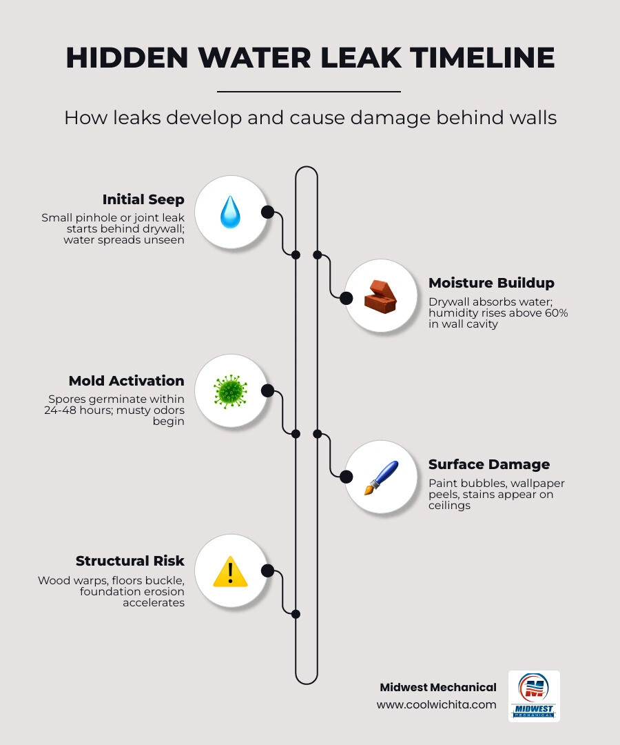Infographic showing how hidden water leaks develop behind drywall with key warning signs and damage timeline infographic