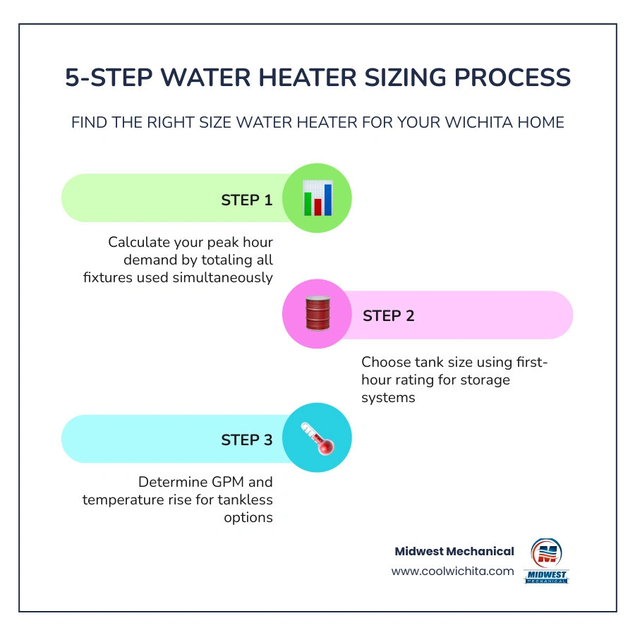 5-step water heater sizing process: demand, tank size, tankless flow rate, climate factors, technology choice infographic