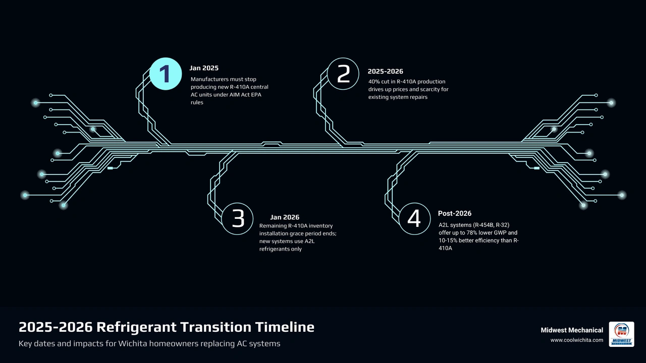 Infographic showing 2025-2026 refrigerant transition timeline, GWP comparisons, and key homeowner impact points infographic