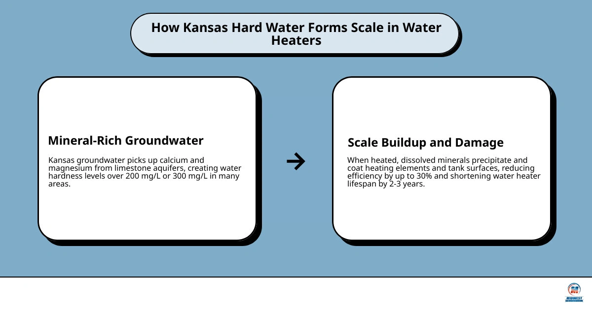 Infographic showing how hard water forms limescale scale inside a water heater tank, reducing efficiency and lifespan