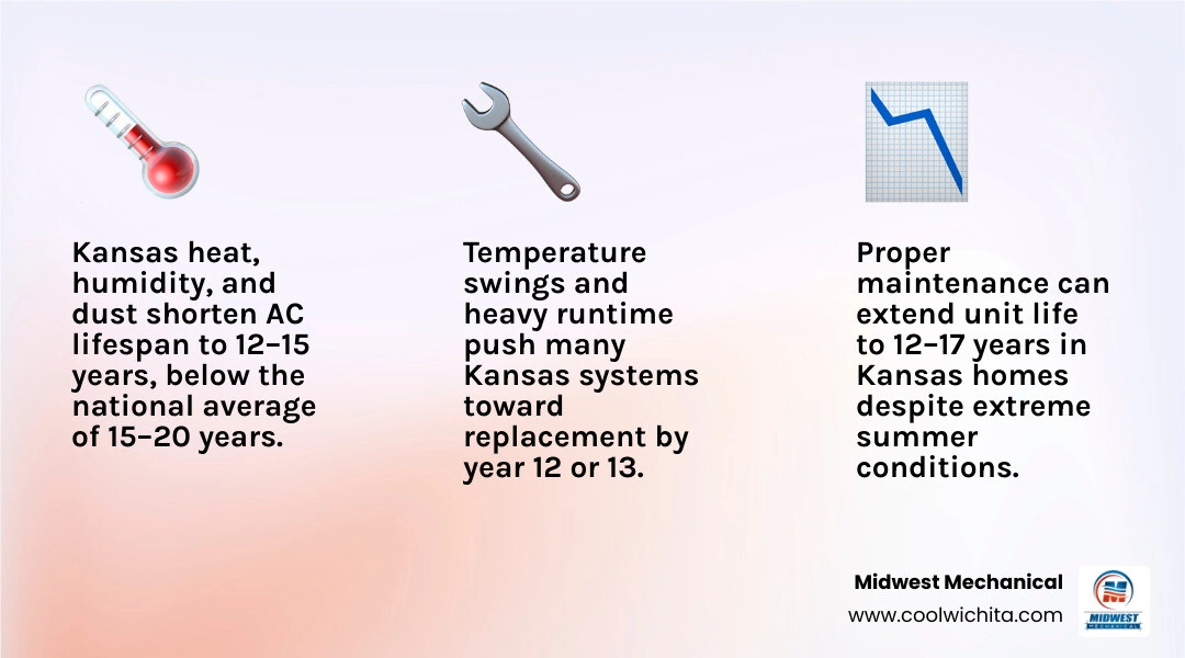 Infographic comparing average AC lifespan in Kansas vs national average with key local climate factors infographic Infographic comparing average AC lifespan in Kansas vs national average with key local climate factors infographic