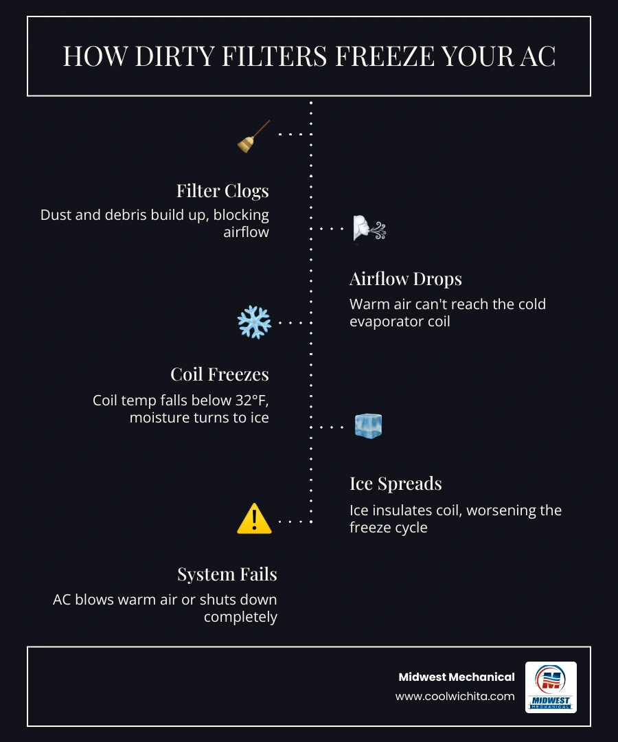 How dirty filters cause frozen evaporator coils - AC freeze cycle infographic infographic