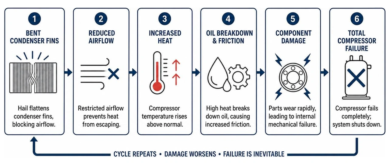 Diagram showing the chain reaction from bent condenser fins to total compressor failure Diagram showing the chain reaction from bent condenser fins to total compressor failure