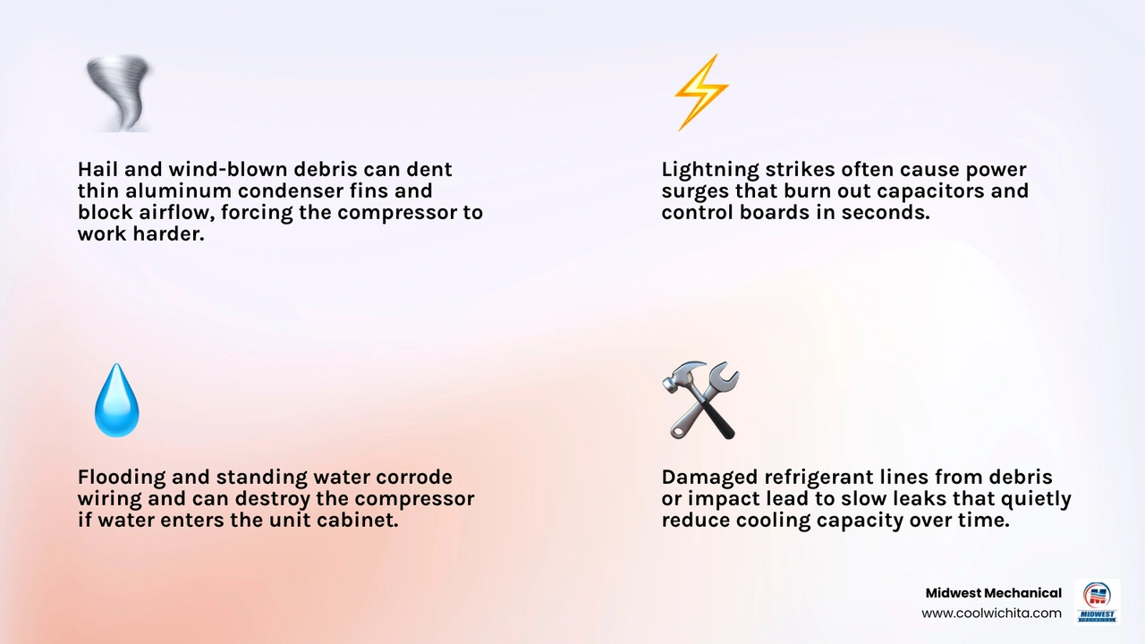 Infographic showing how hail, wind, lightning, and flooding each damage outdoor AC condenser components infographic Infographic showing how hail, wind, lightning, and flooding each damage outdoor AC condenser components infographic