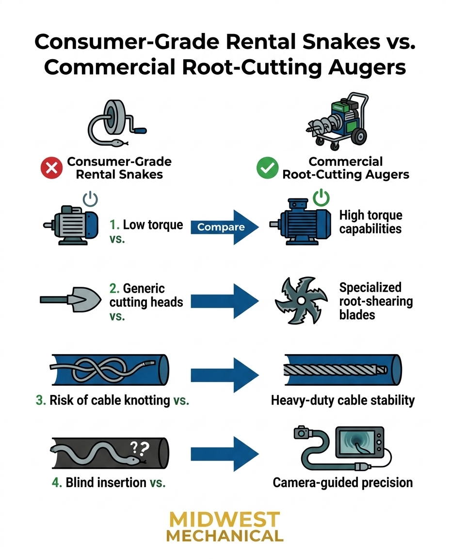 Consumer-Grade Rental Snakes vs. Commercial Root-Cutting Augers