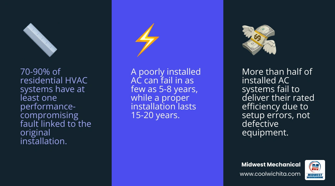 Infographic showing the long-term impacts of bad AC installation including energy waste, shortened lifespan, and system Infographic showing the long-term impacts of bad AC installation including energy waste, shortened lifespan, and system