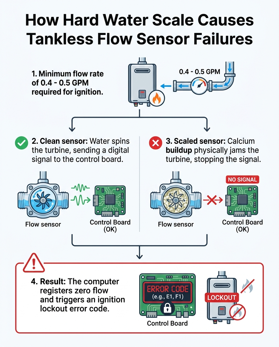 How Hard Water Scale Causes Tankless Flow Sensor Failures