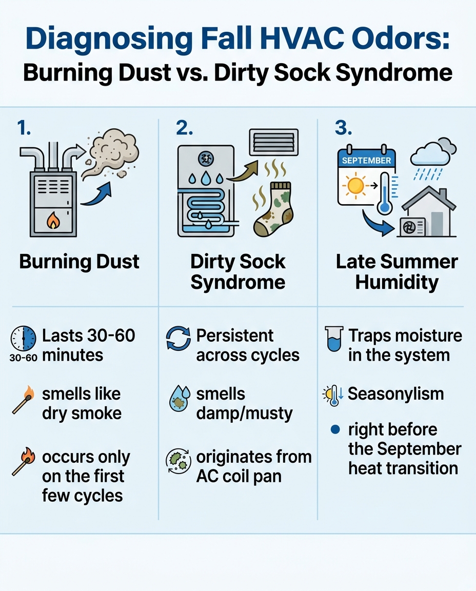 Diagnosing Fall HVAC Odors: Burning Dust vs. Dirty Sock Syndrome