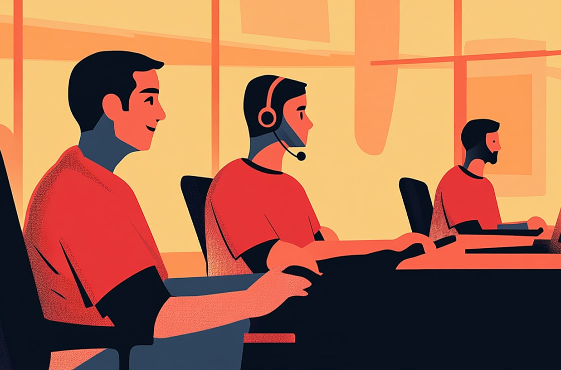 Group of coworkers sitting on a desk wearing headsets