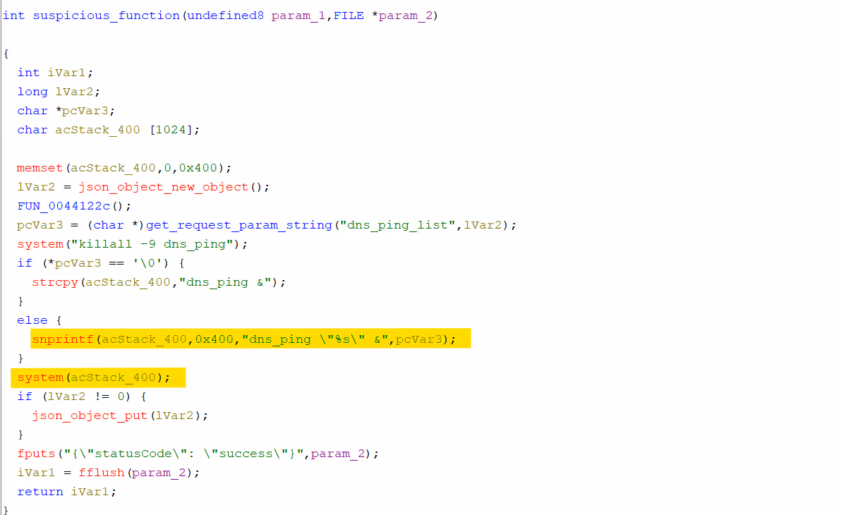 Decompiled dns_ping handler in Ghidra