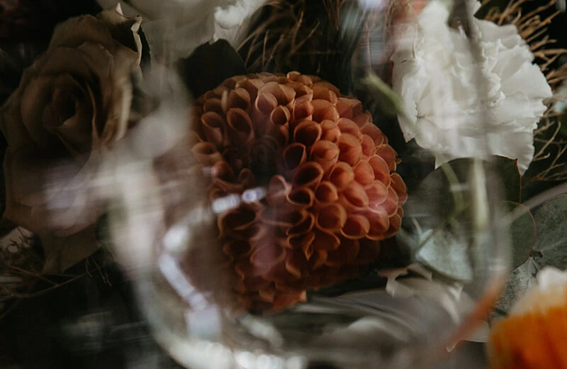 Une fleure vue au travers d'un verre lors d'un mariage à la ferme Marie Hélène