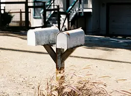 Double boite aux lettres dans une rue aux Etats-Unis avec des herbes folles à ses pieds. Photo de Caroline Vincent