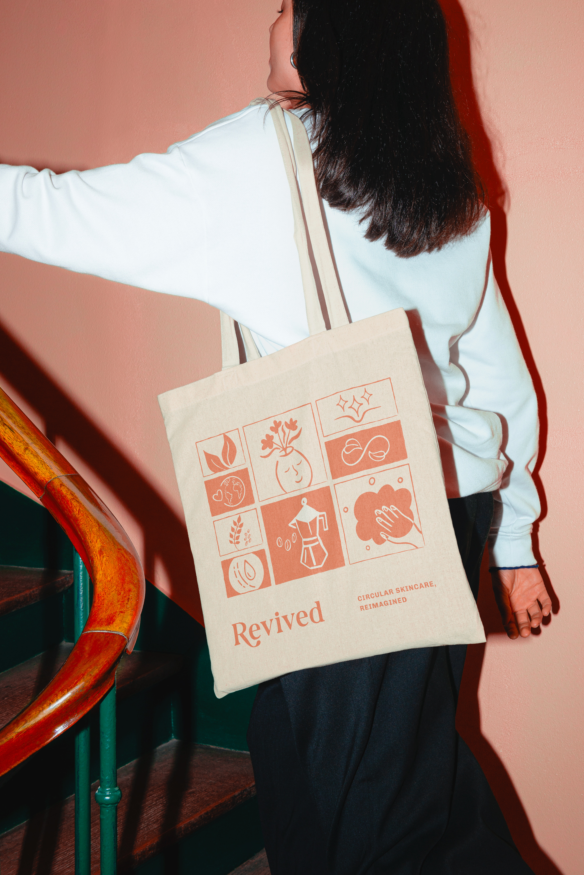 Two images. Left image is a girl walking up stairs with an orange Revived branded tote bag. Right image is a phone screen showing Revived's instagram grid.