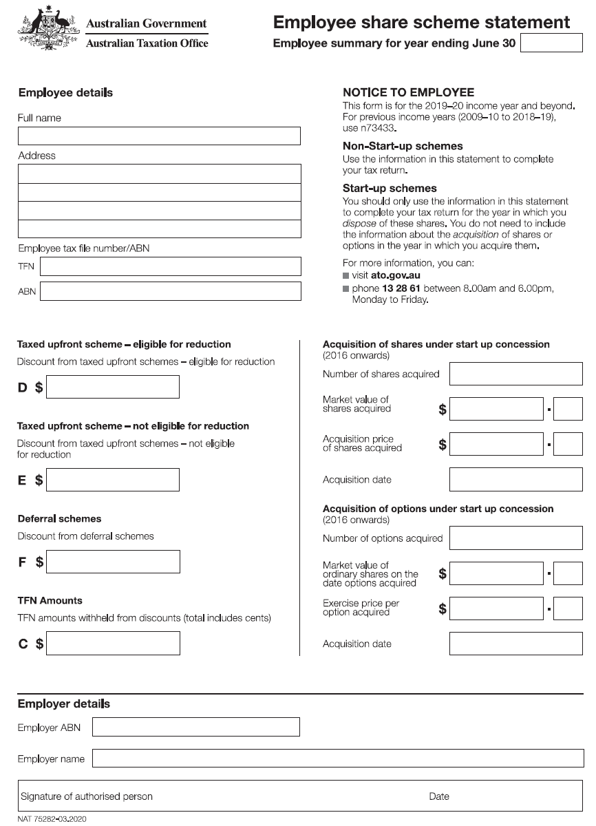 Sample ESS statement. Source:        Add alt text Sample ESS Statement. Source: https://www.ato.gov.au/forms/employee-share-scheme-statement/