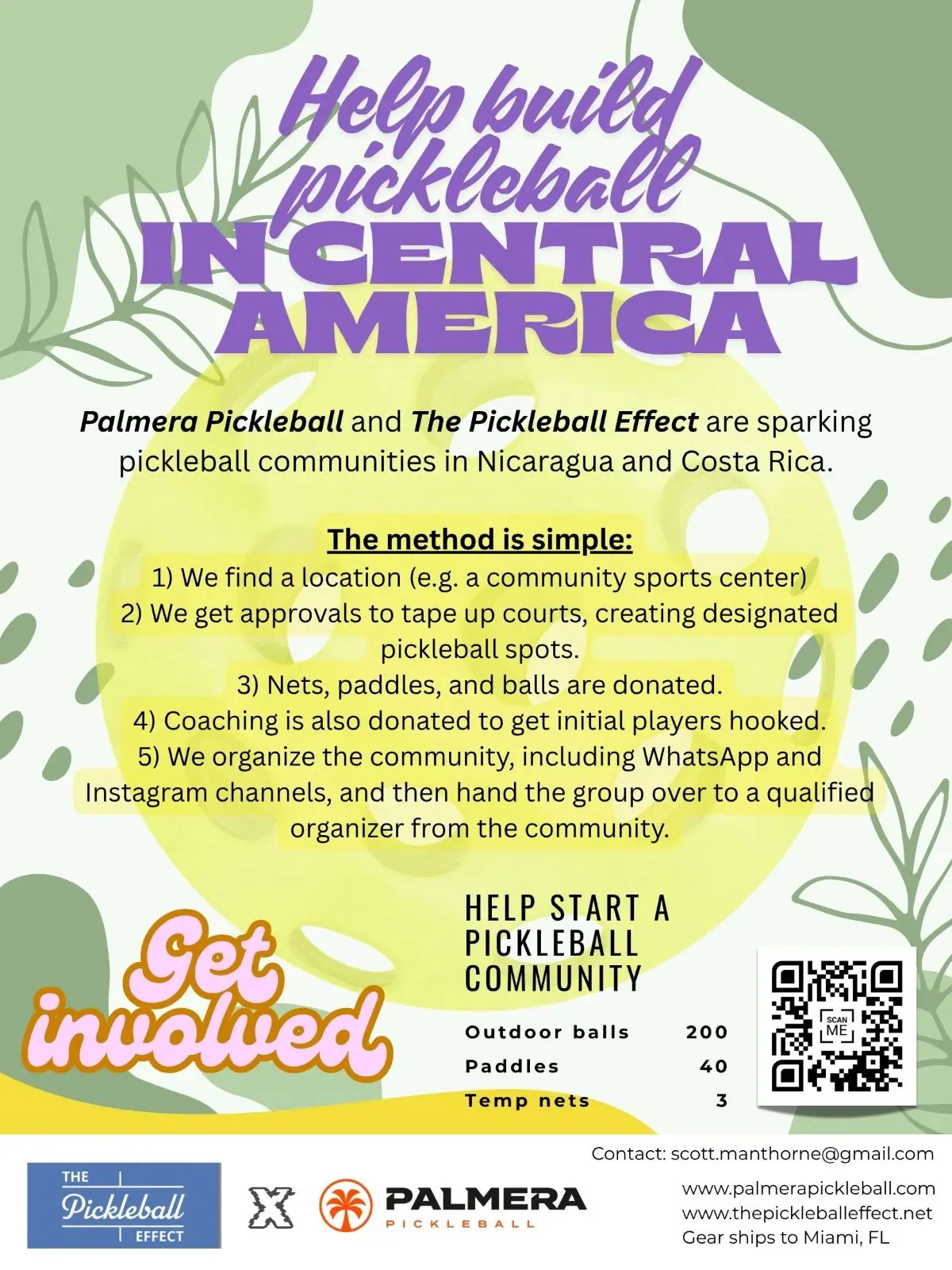 A flyer showing how to get involved with supporting local pickleball communities in Nicaragua.