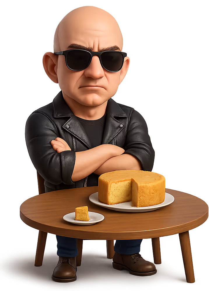Jeff Bezos sitzt an einem Tisch auf dem ein Kuchen steht, ein Stück ist abgeschnitten, vendor kosten
