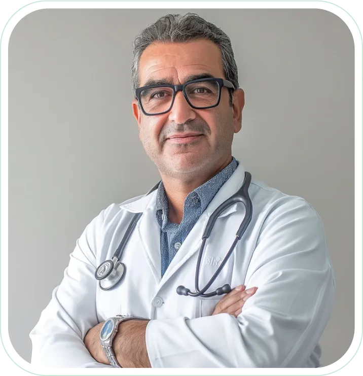 A man in a white lab coat with a stethoscope on his chest.