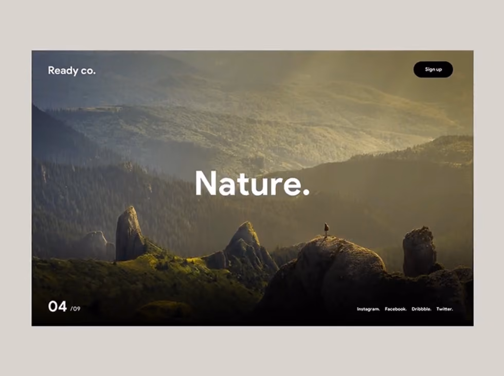 Mountain landscape covered in greenery under soft morning light with 'Nature.' text overlay.