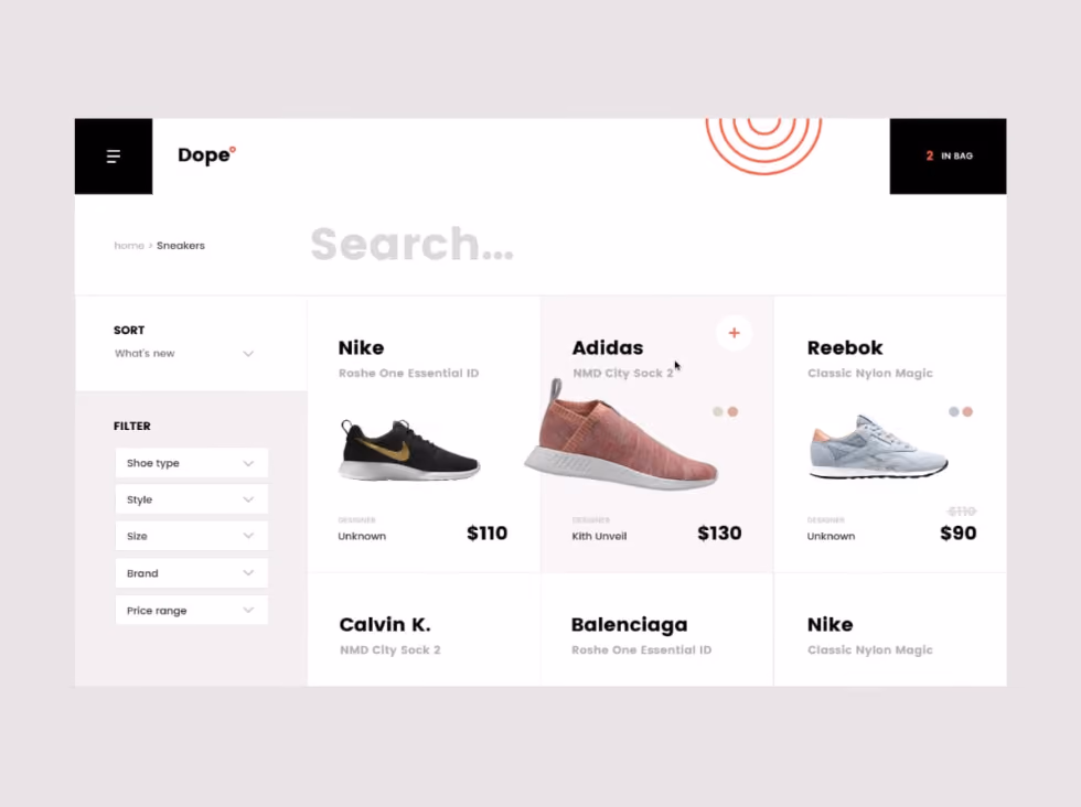 Online store page showing sneaker options from Nike, Adidas, Reebok, with filtering and sorting features.