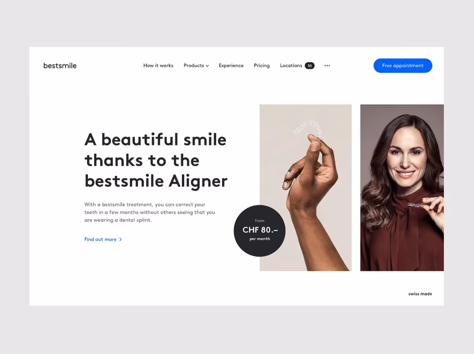 Website showing bestsmile aligner for teeth correction with price and smiling woman.