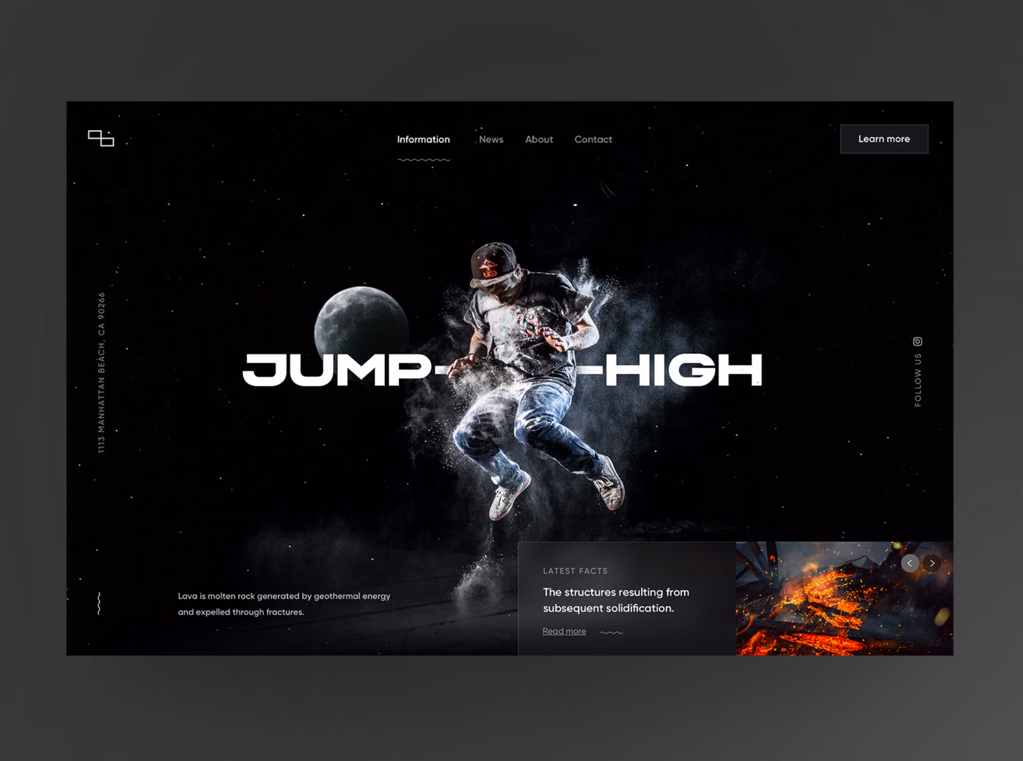 Man in mid-air jump surrounded by dust cloud with moon and text 'JUMP HIGH' in background.
