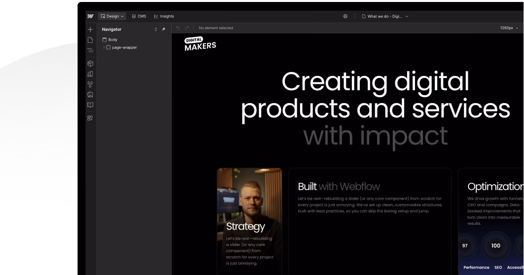 Website design interface showing 'Creating digital products and services with impact' text and strategy content panel.