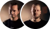Two men with neutral expressions stand side by side against a dark background.