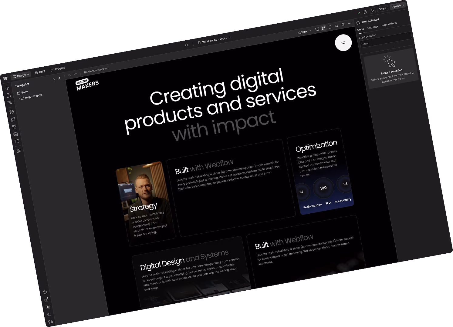 Web design interface displaying a digital agency homepage with text and performance scores.