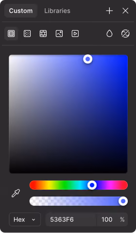 Color picker tool with a blue shade selected and hex code 5363F6 displayed.