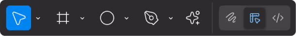 Toolbar with selection, crop, shape, eyedropper, effects, and code tools icons on dark background.
