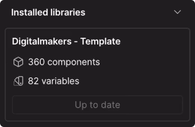 Panel showing installed library Digitalmakers - Template with 360 components and 82 variables, marked up to date.