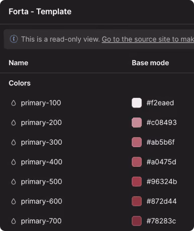 Color palette from a template showing primary color shades with their hex codes on a dark interface.