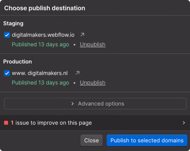 Dialog box showing publish destination options with staging and production domains selected and publish status.