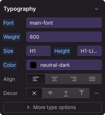 User interface for typography settings showing font, weight, size, color, alignment, and decoration options.