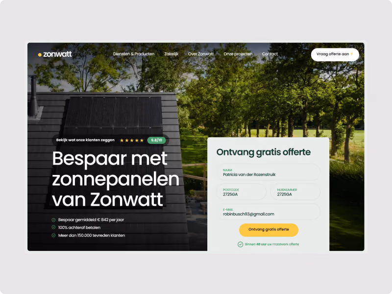 Zonwatt solar panels on a roof with form to get a free solar quote in Dutch
