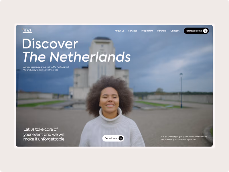 Smiling person in a sweater with a building and cloudy sky in the background promoting The Netherlands.