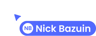 Blue location pin with initials NB and the name Nick Bazuin next to it on a blue background.