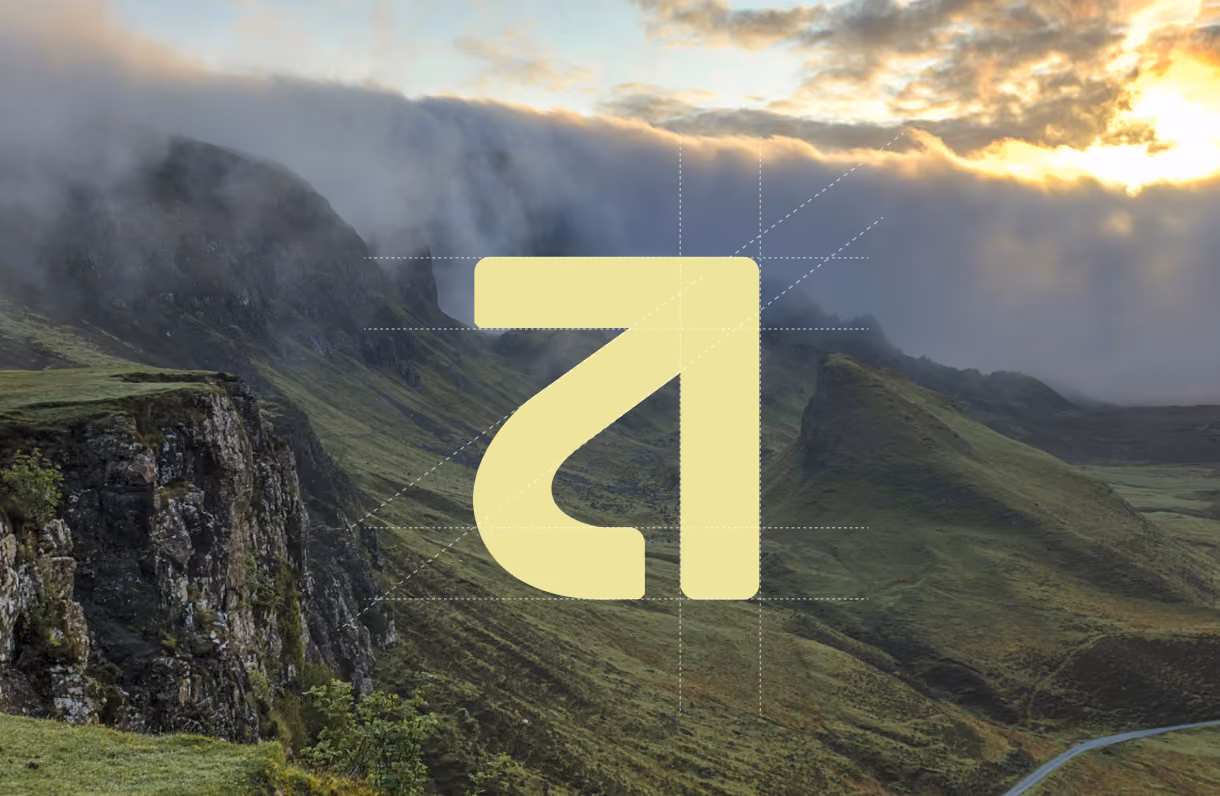 Green mountainous landscape with cliffs under cloudy sky at sunset, with a yellow abstract arrow overlay.