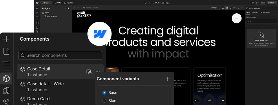 Web design software interface showing component selection and digital product creation text.