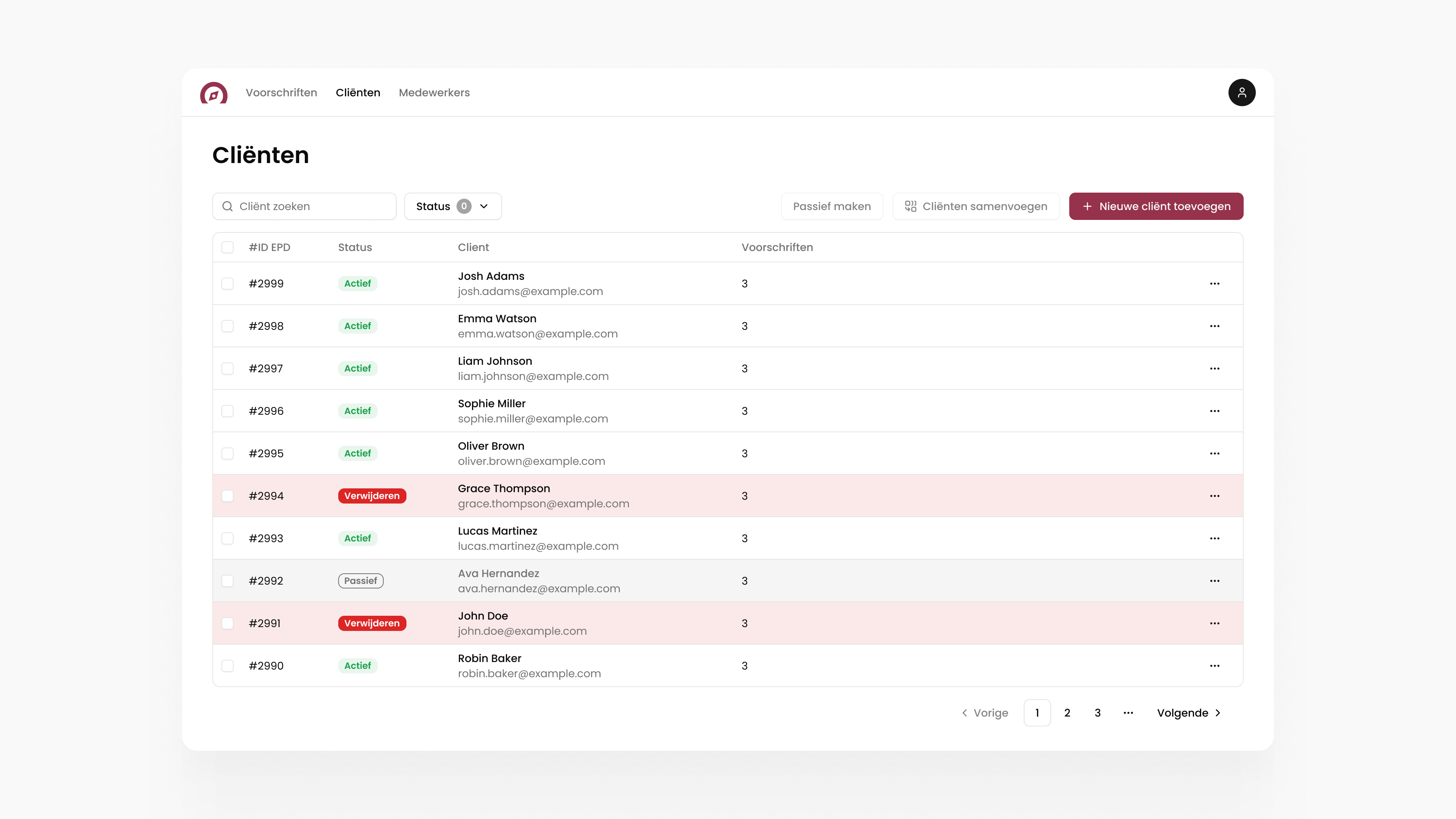 Forta Kompas client overview with a status label per client