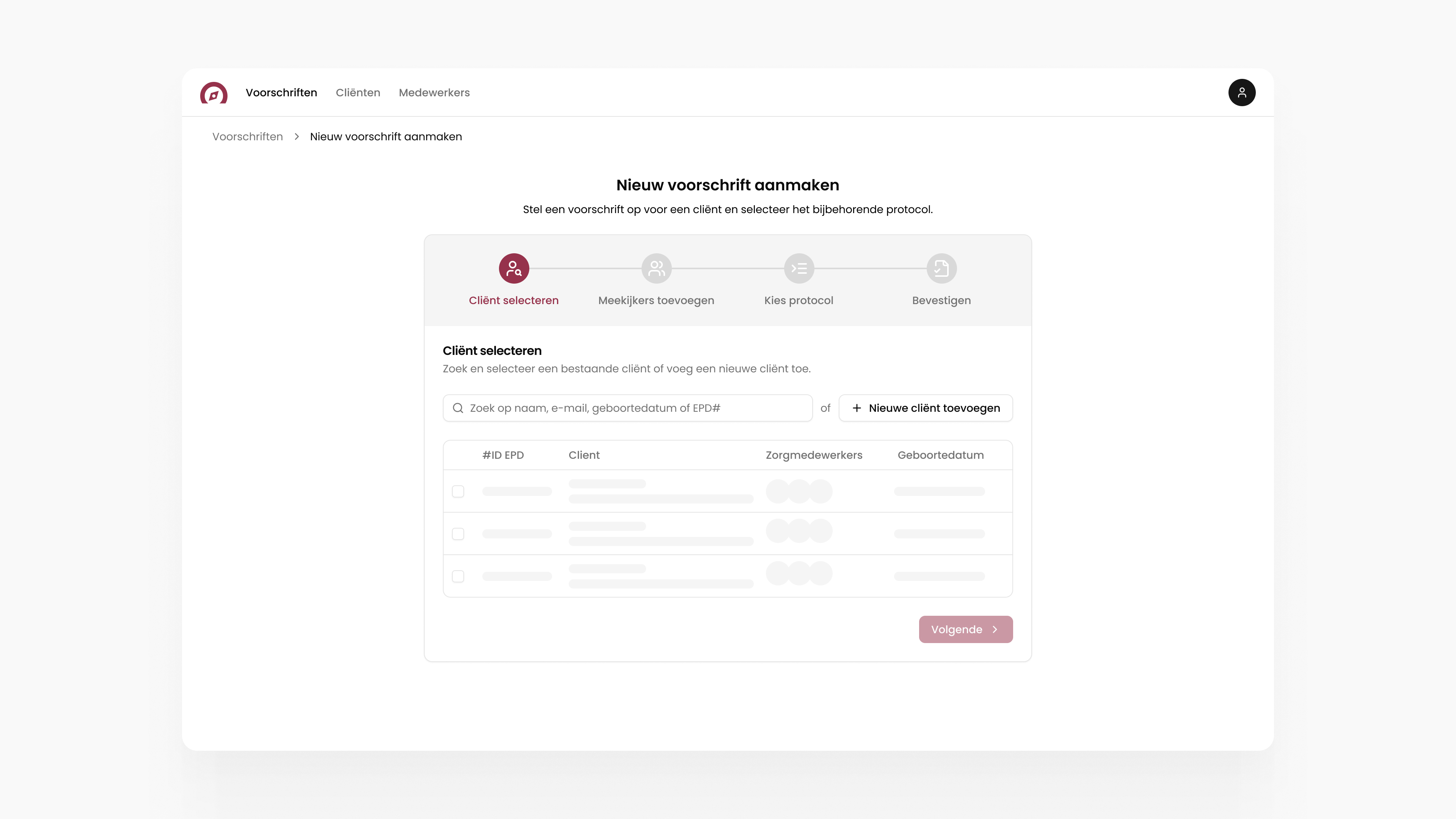 Forta Kompas new prescription flow, client selection step