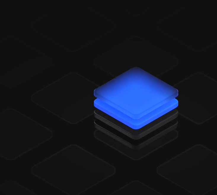 Stack of three rounded square layers with the top two glowing bright blue on a dark background.