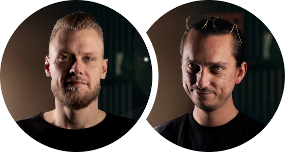 Nick Bazuin and Robin Busch, the founders of Digitalmakers, in two circular portraits against a dark background