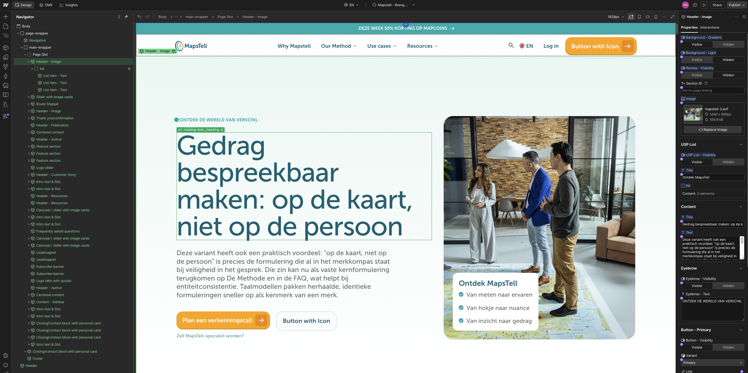 The MapsTell website design shown in a dark interface, with the headline about making behaviour discussable